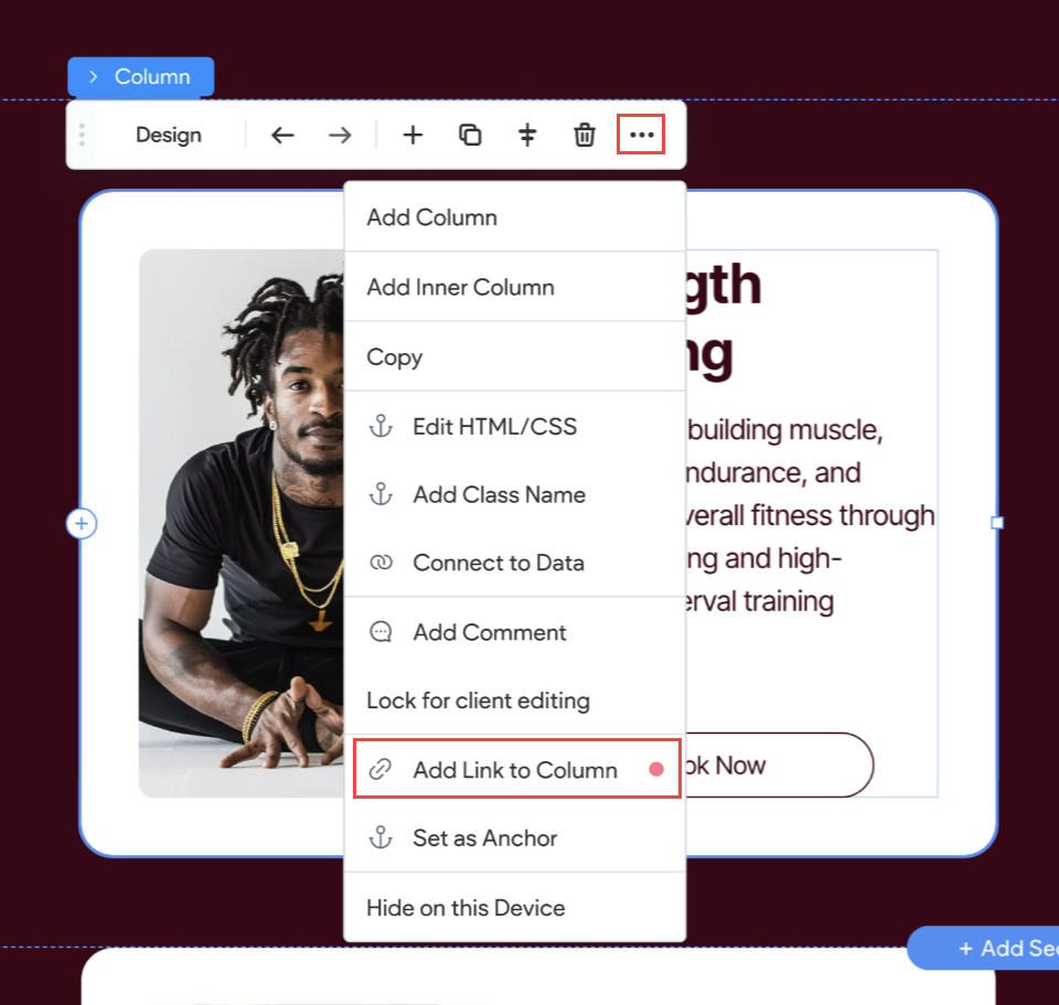Floating menu for a column is open with the option to Add Link to Column selected.