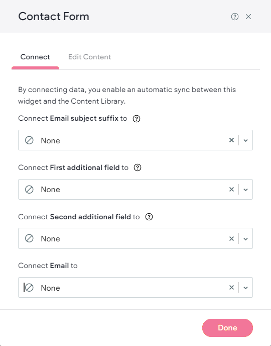 Connected data pop up with fields where you can click to select which data source to connect to