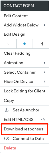 The context menu for the Contact form widget is open with Download responses selected