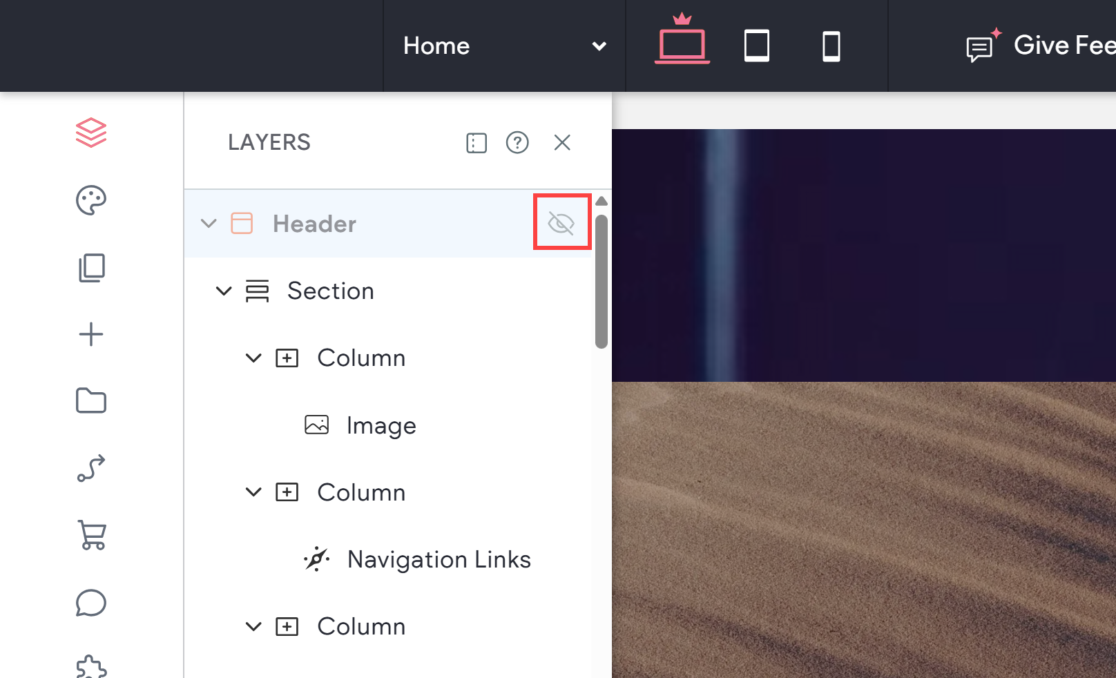 Layers panel is open and next to the header layer the hide icon is outlined in red