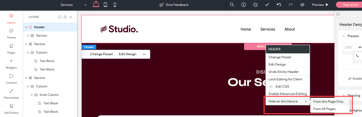 Context menu open with Hide on this Device selected. Options are From this page only and From all pages.